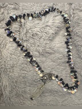 Black & Clear Beaded Necklace With Silver Hardware and Small Charm